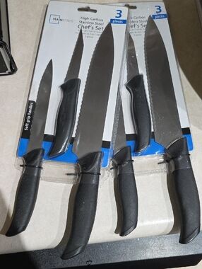 Mainstays Black Handle 3-Piece Chef's Knife Set- Both Sets